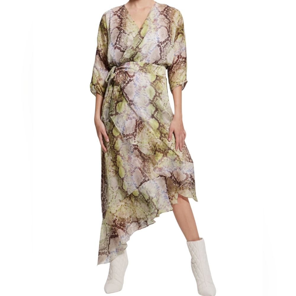 Guess Wrap Dress Women's S Green Brown Phyton Snakeskin Asymmetrical Chiffon